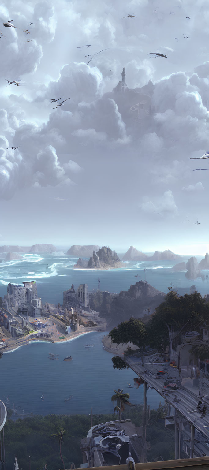 Futuristic coastal city with advanced architecture and flying vehicles