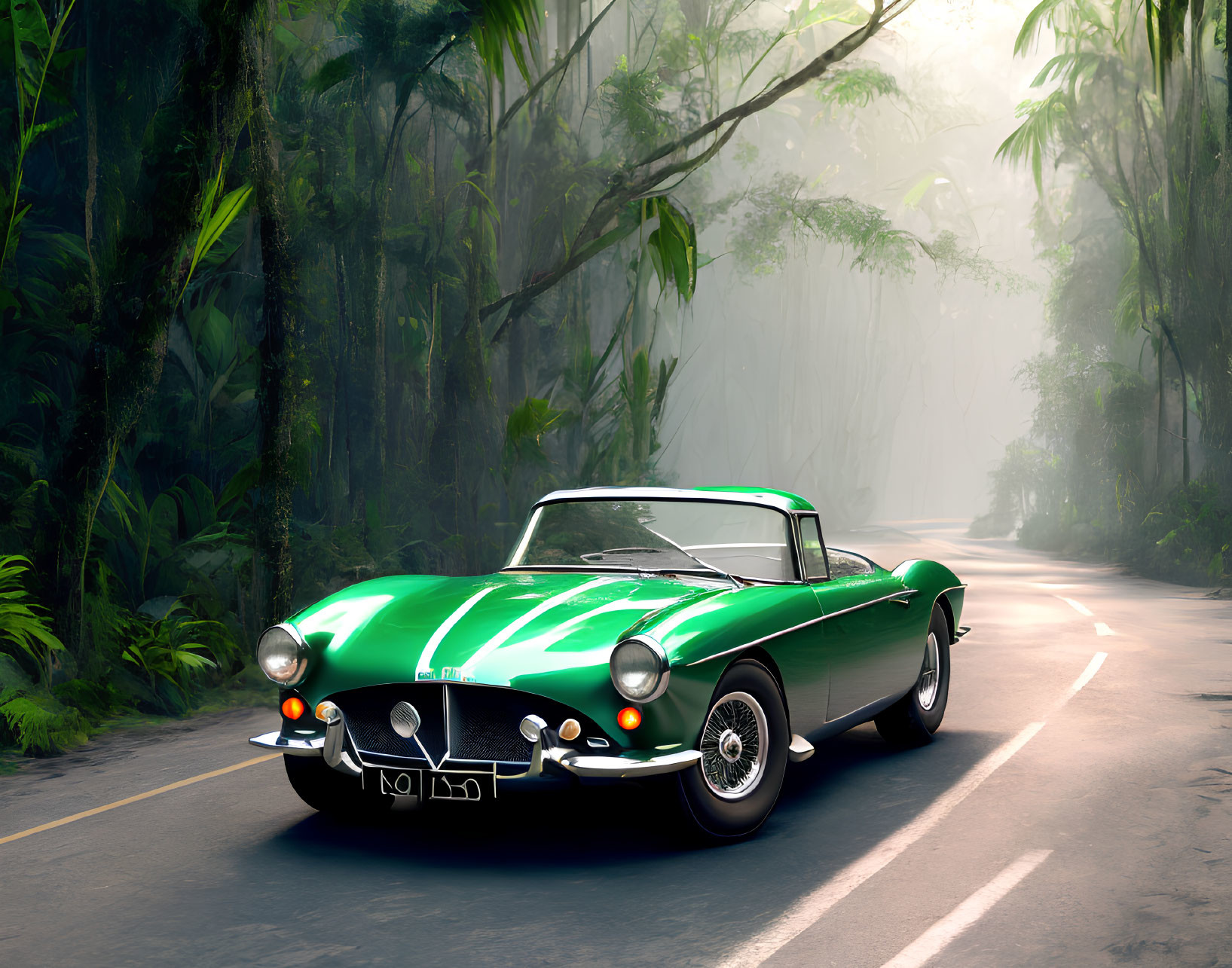 Vintage Green Convertible Car on Misty Forest Road with White Stripes