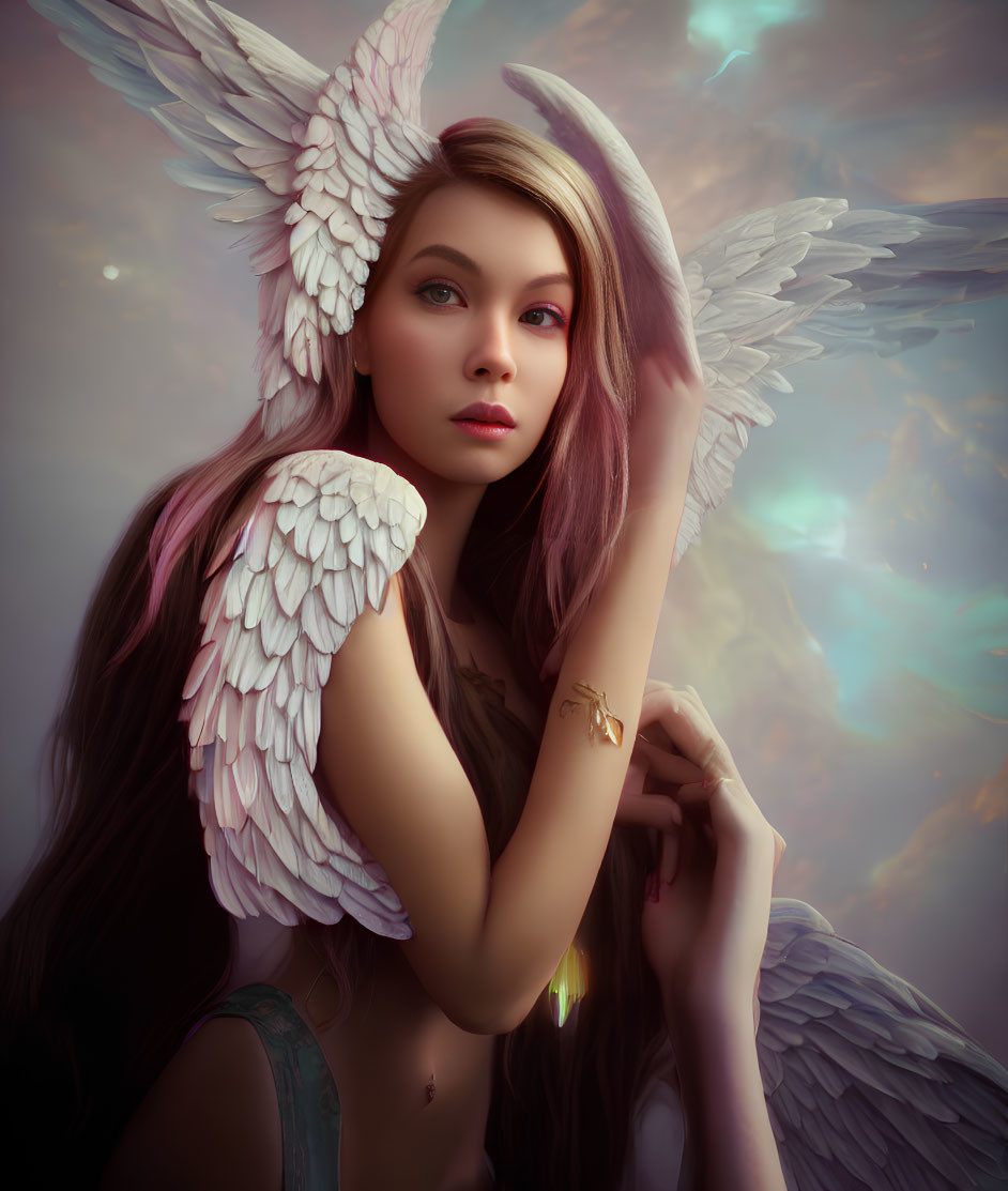 Portrait of woman with angelic wings and pink hair in dreamy setting