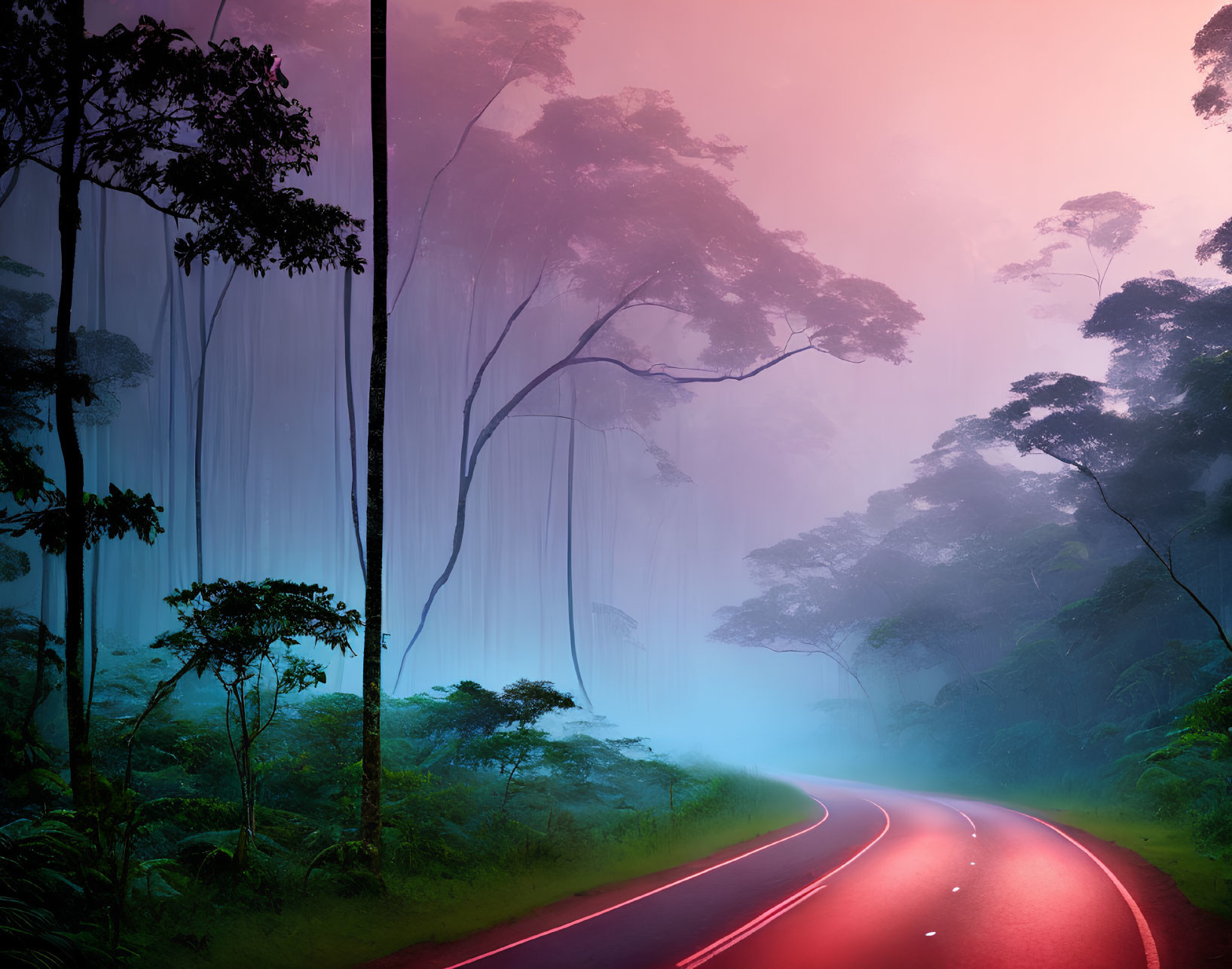 Scenic road through vibrant misty forest with blue to pink skies