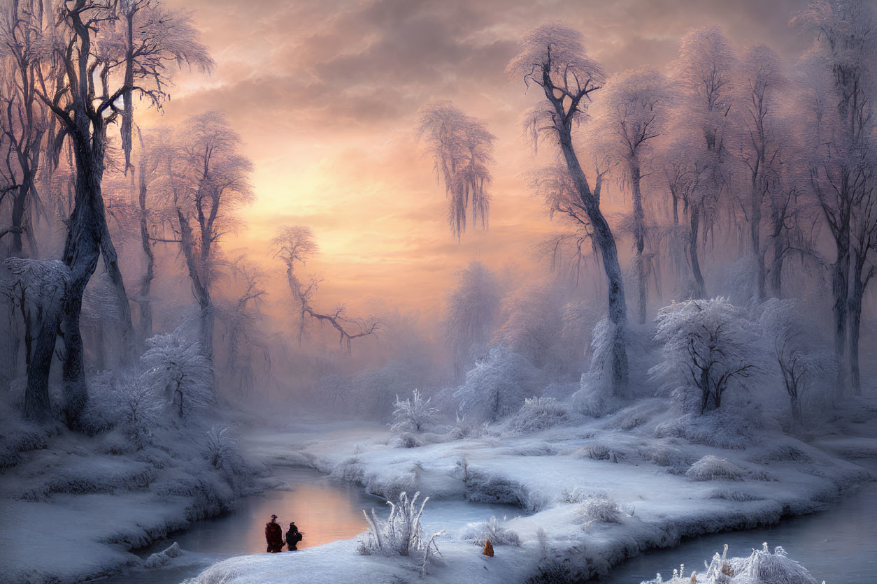 Snow-covered trees and frozen river in serene winter sunrise scene