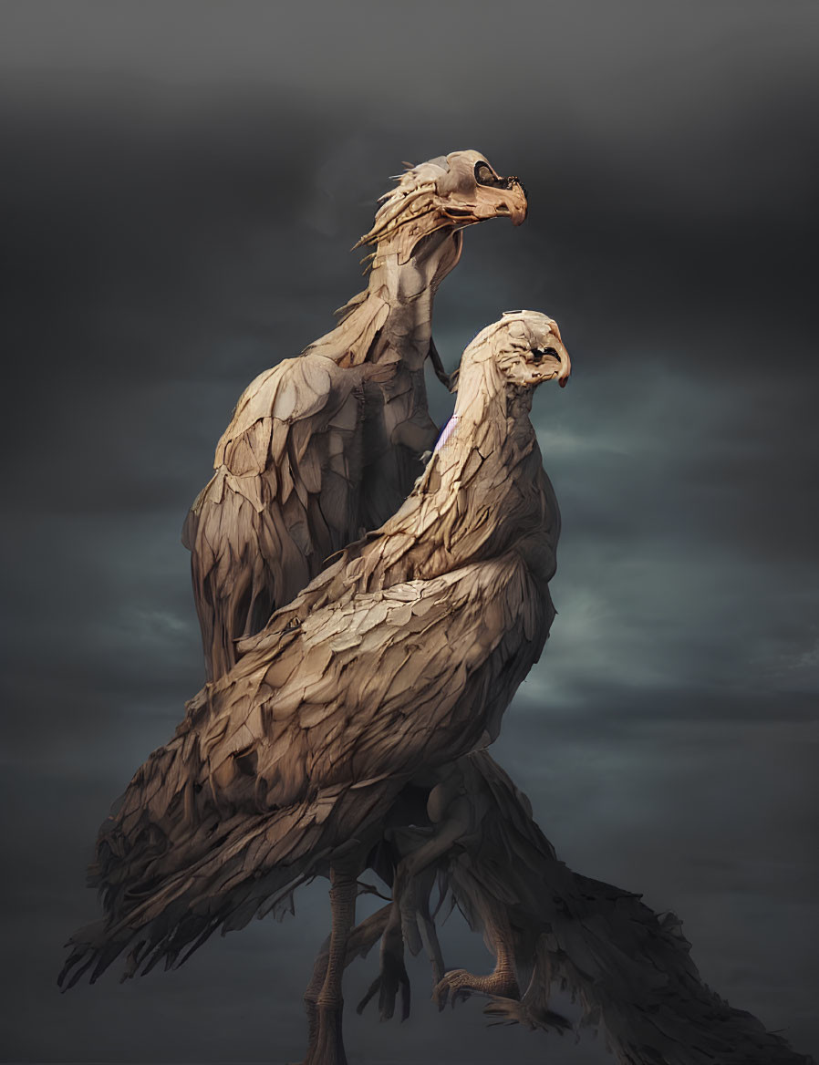 Digital artwork: Two vulture-like creatures under moody sky