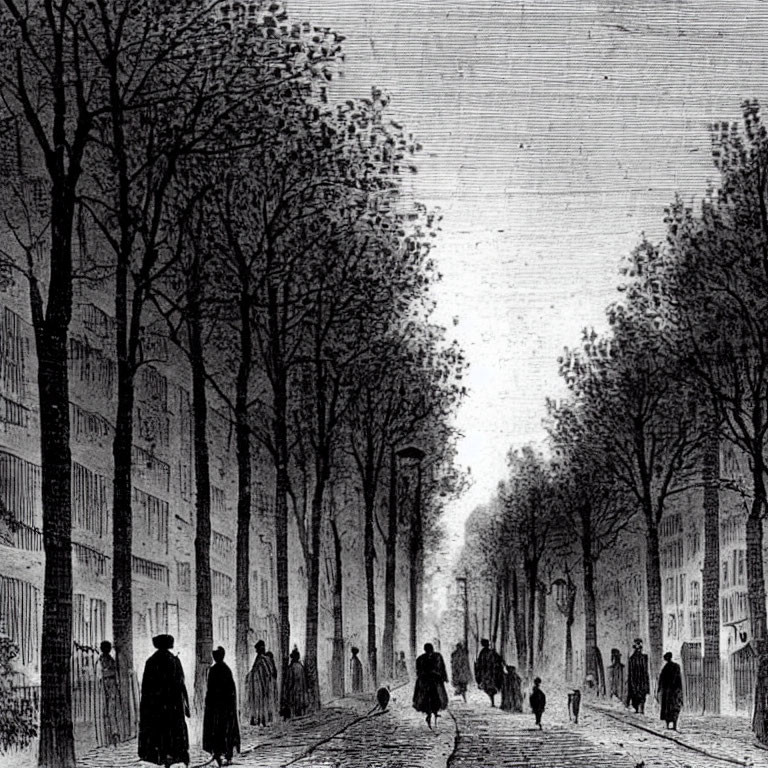 Vintage Black and White Illustration of People Walking in Tree-Lined Boulevard