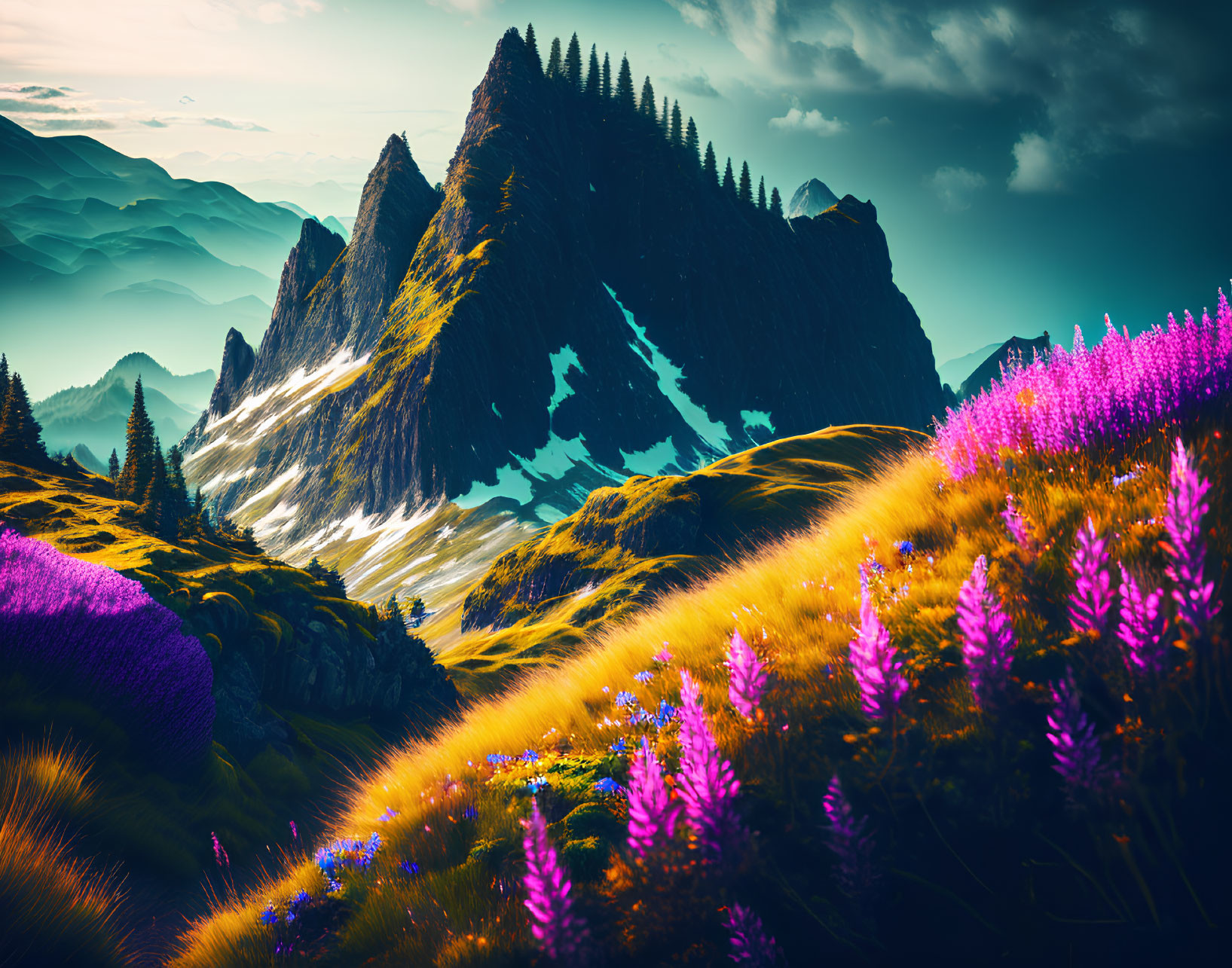 Scenic landscape with purple wildflowers, rolling hills, and jagged mountain peaks under a golden sky