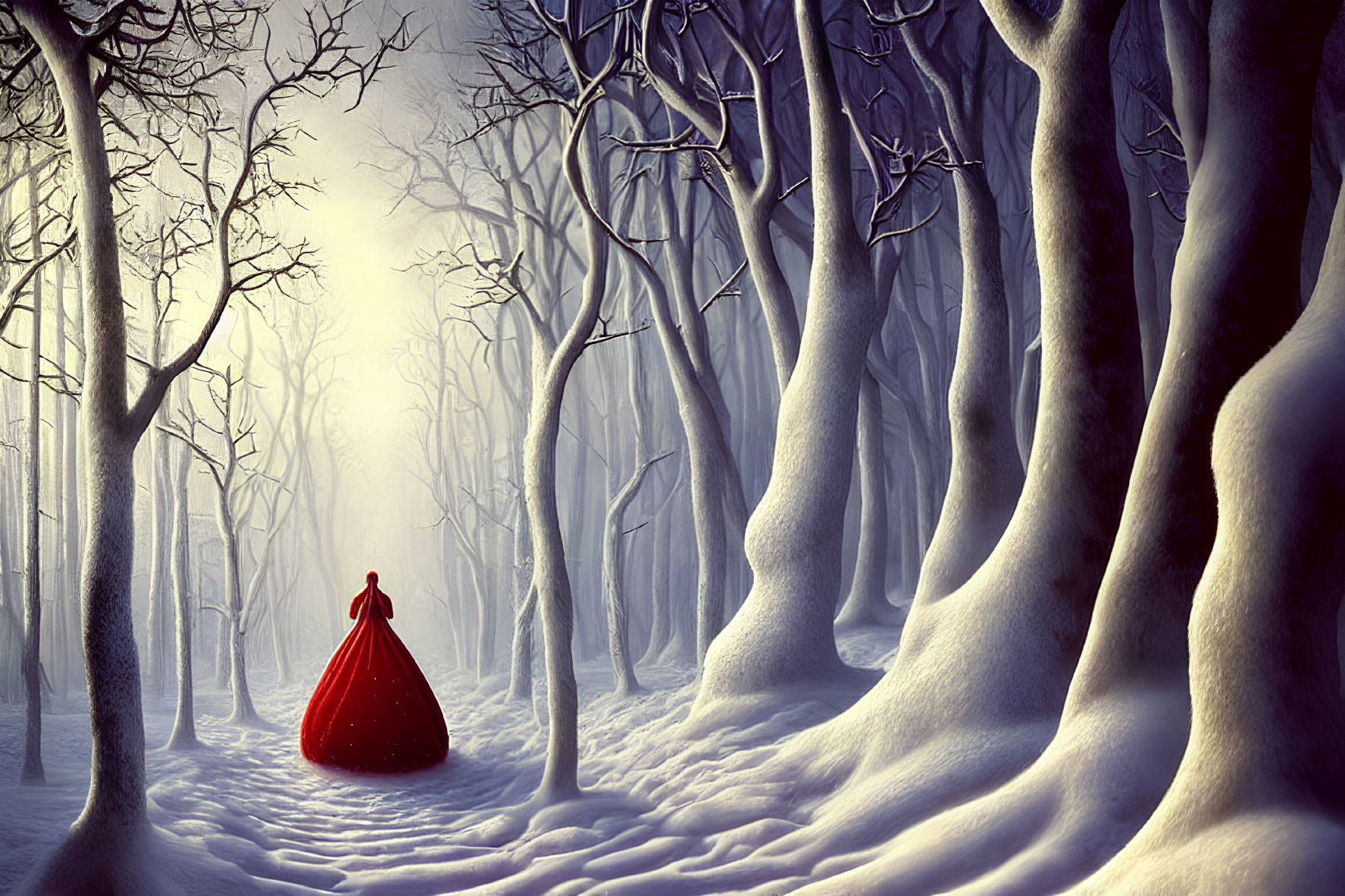 Solitary figure in red cloak in snow-covered woodland