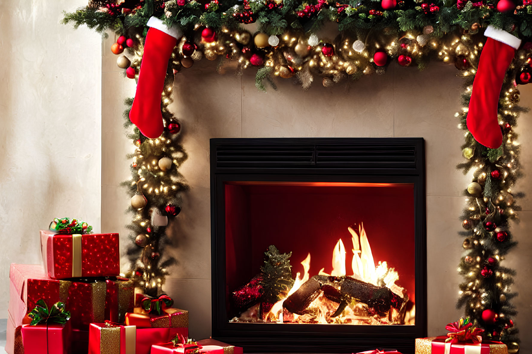 Festively Decorated Fireplace with Stockings and Christmas Gifts