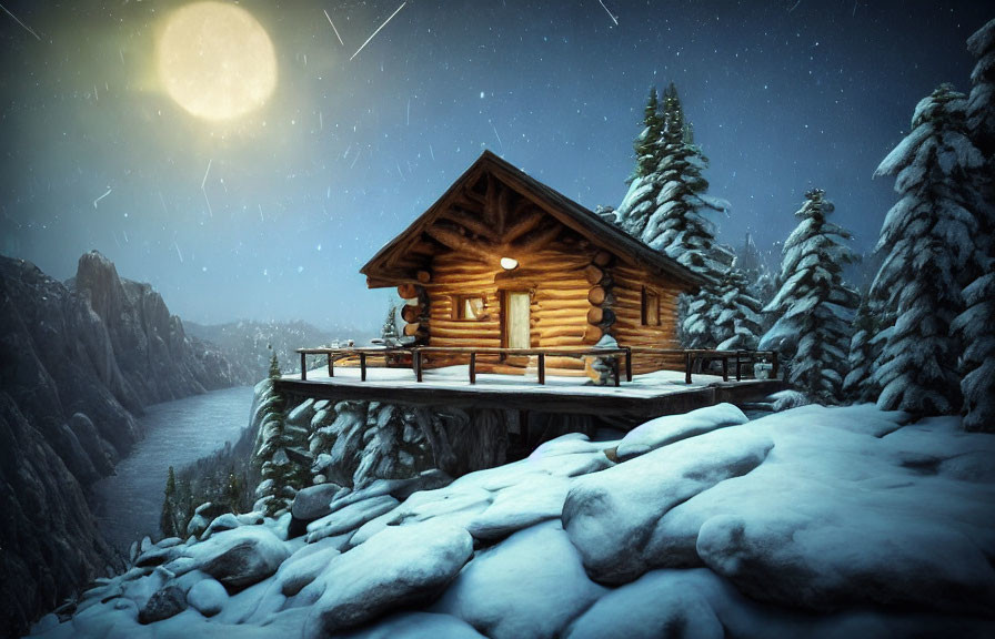 Snowy cliff log cabin with pine trees under full moon