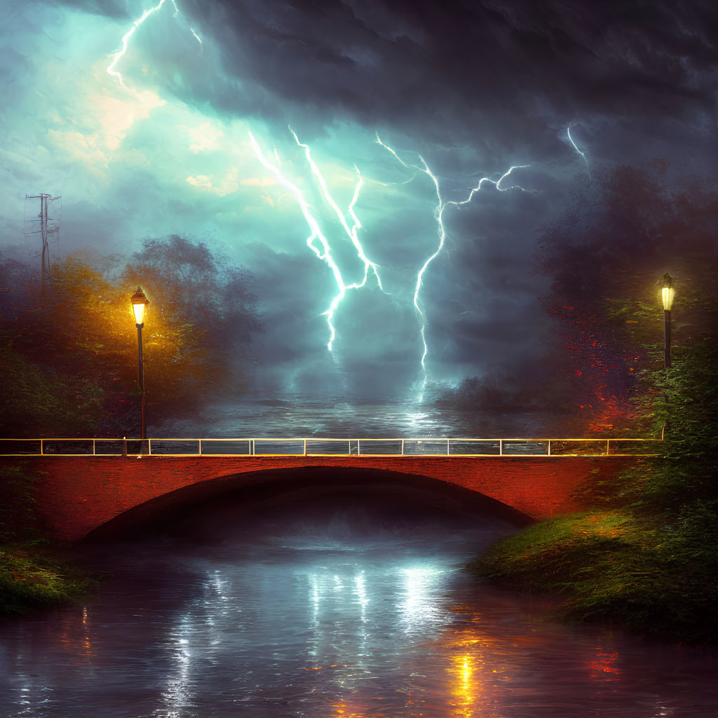 Stormy Sky Over Red Brick Bridge with Lightning Striking