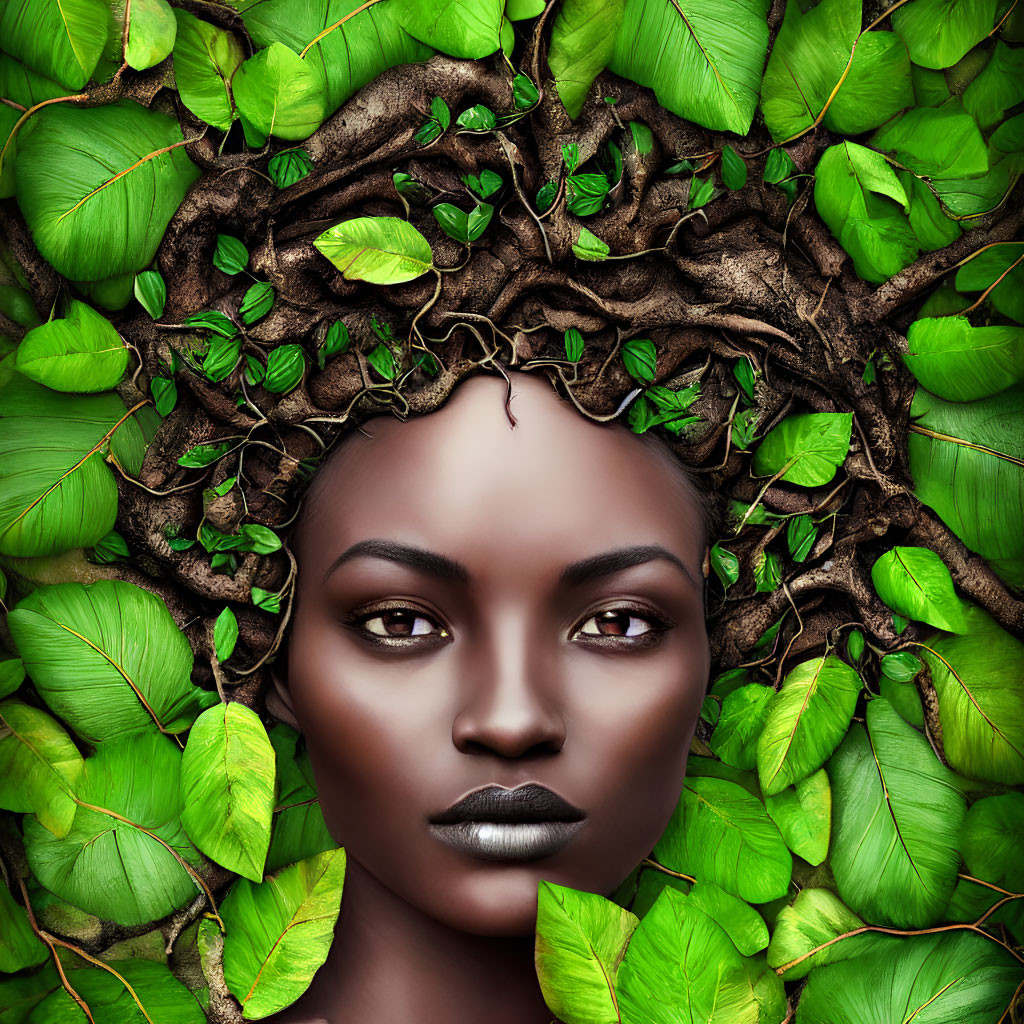Digital artwork of woman with tree branches and leaves in hair symbolizing nature connection