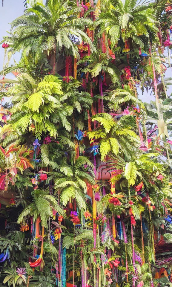 Colorful ribbons adorn lush green tree in vibrant image