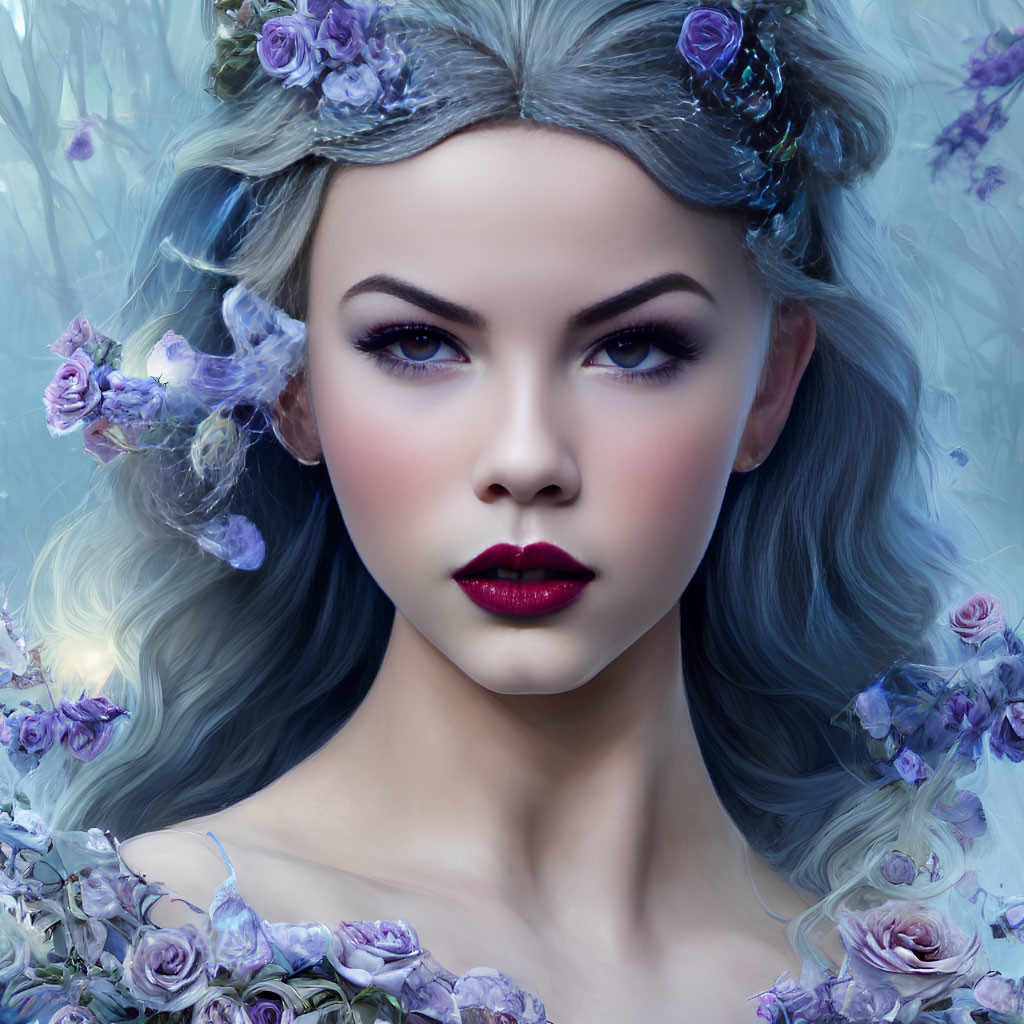 Digital illustration of woman with porcelain skin and purple flowers, against floral backdrop