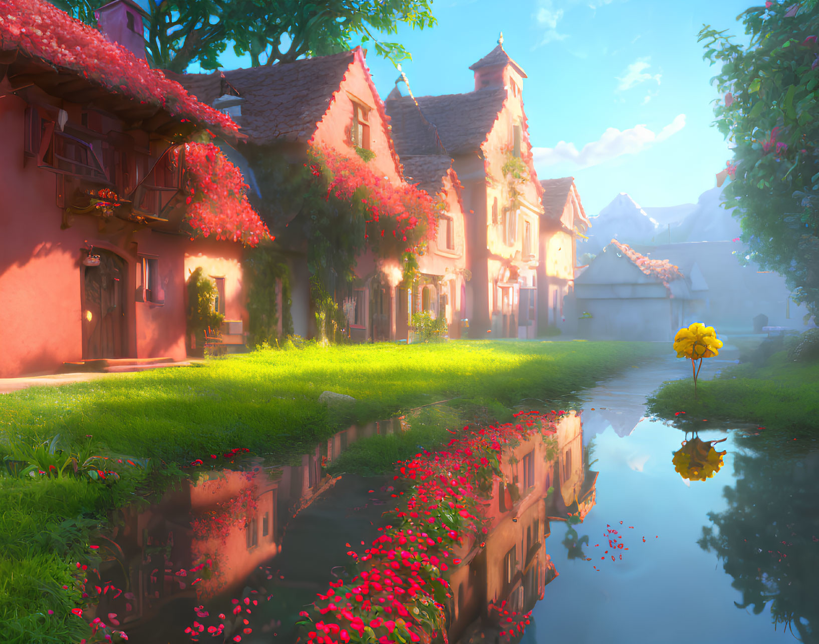 Tranquil village scene with red vines, reflective water, and sunny ambiance