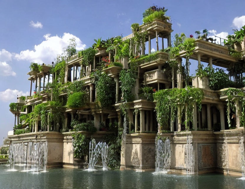 Ornate stone structure adorned with lush vertical garden and water fountains