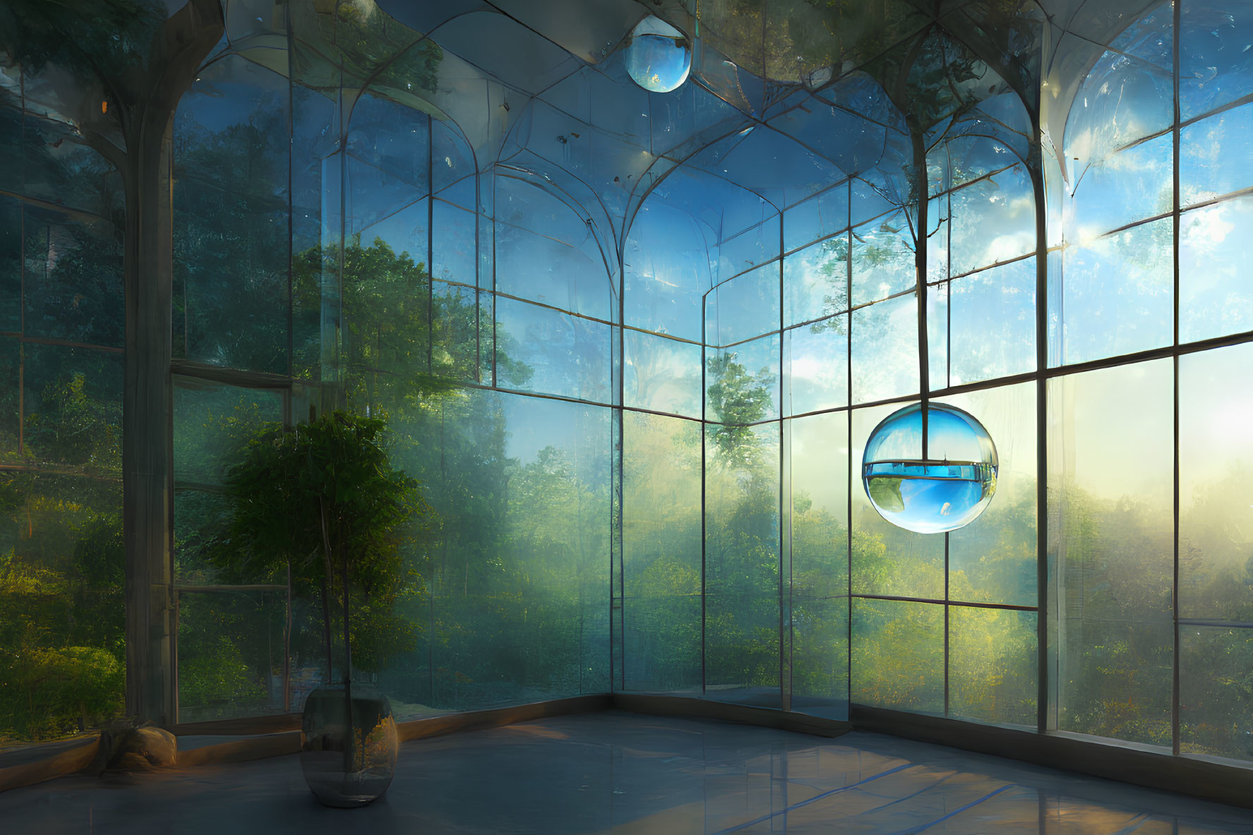 Sunlit Greenhouse with Curved Glass Ceiling and Hanging Planters