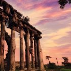 Ruined temple columns under vibrant sunset sky with overgrown surroundings
