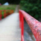 Weathered Red Handrail with Chipped Paint in Garden Setting
