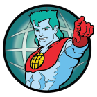 Superhero with Blue Hair and Red Cape Against Globe Background