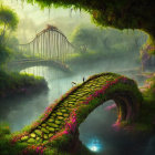 Tranquil river scene with arched bridge, lush vegetation, person, fog, and bird