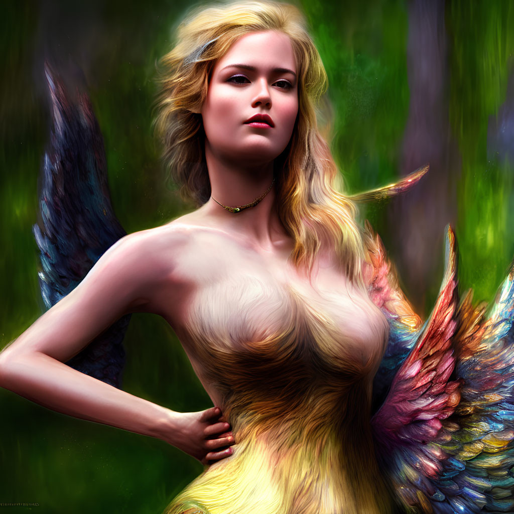 Digital Painting: Woman with Multi-Colored Angel Wings and Fantasy Green Background