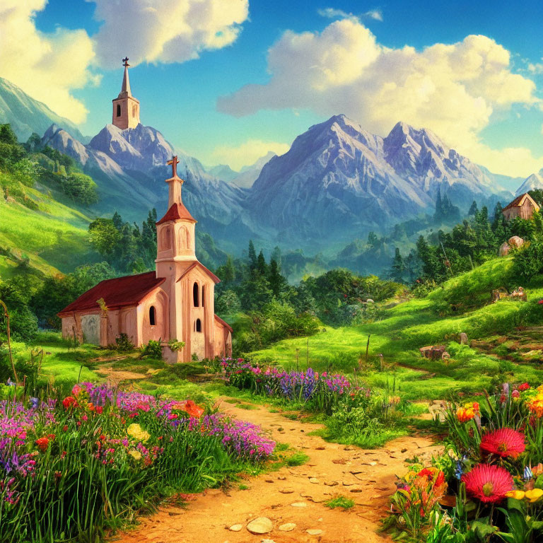 Countryside landscape with church, wildflowers, stone path, traditional houses, mountains