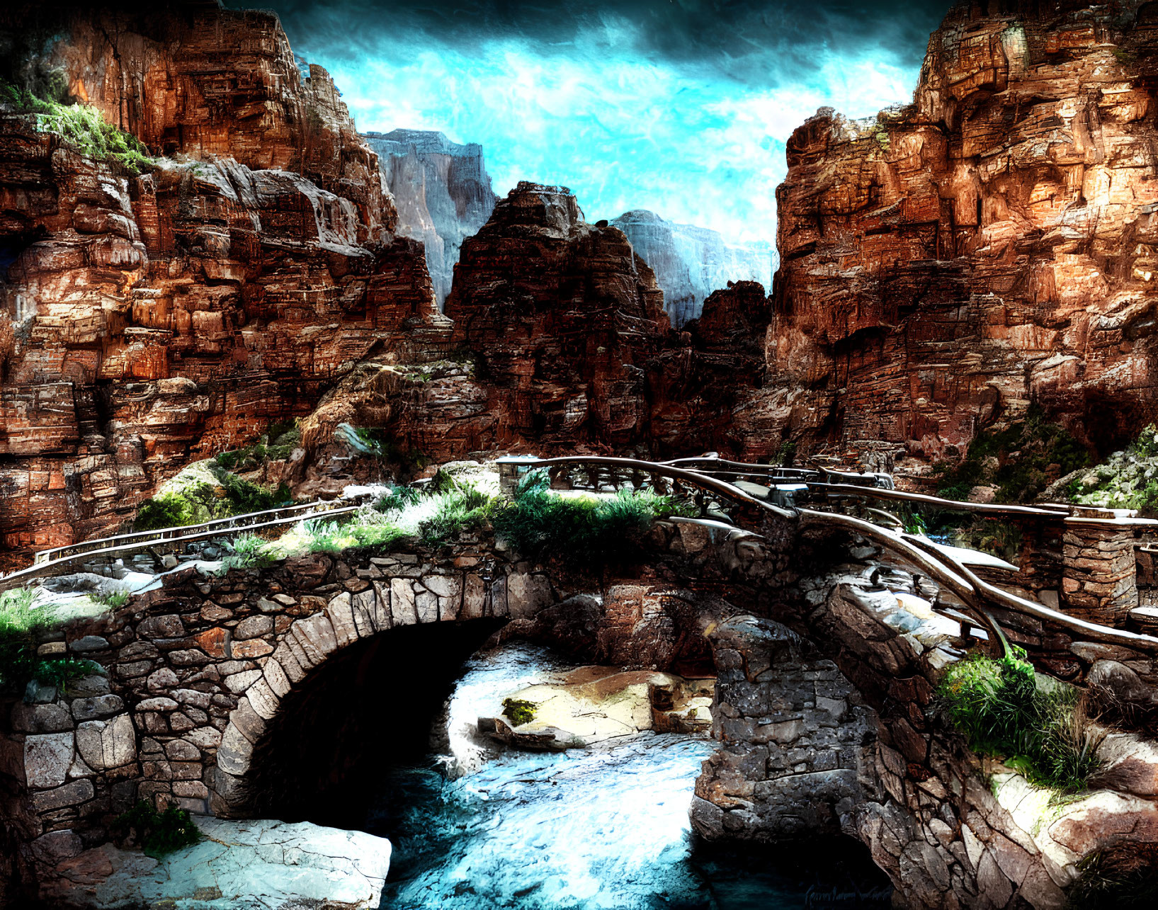 Fantasy landscape with stone bridge, river, cliffs, and cloudy sky