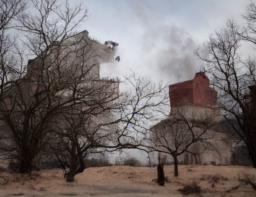 Desolate urban scene with bare trees and demolition of a large building
