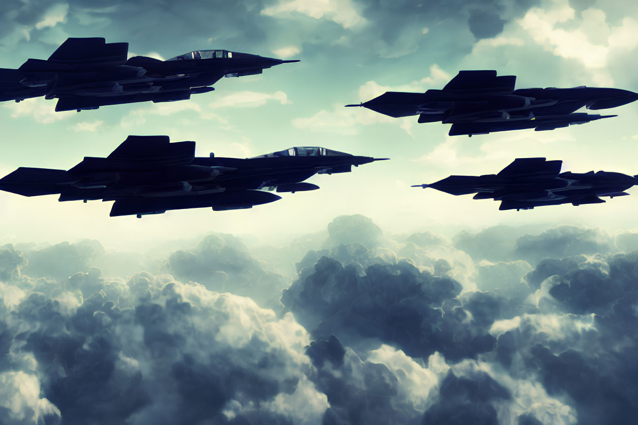 Fighter Jets Flying in Formation Above Dramatic Cloudy Sky