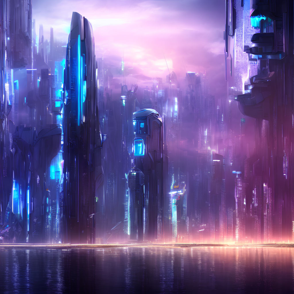 Futuristic neon-lit cityscape with twilight sky and water reflection