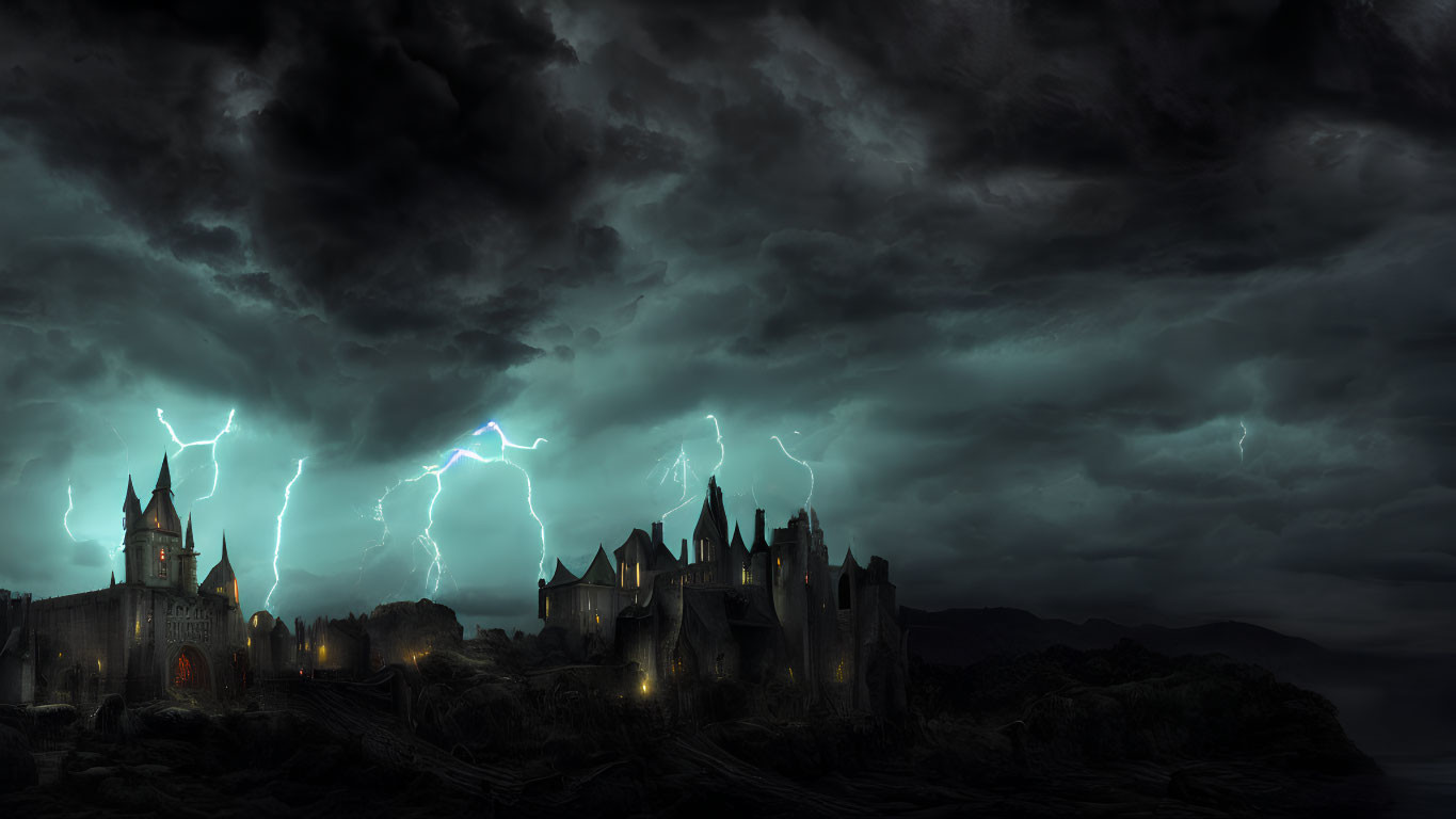 Ominous castle under stormy sky with lightning bolts