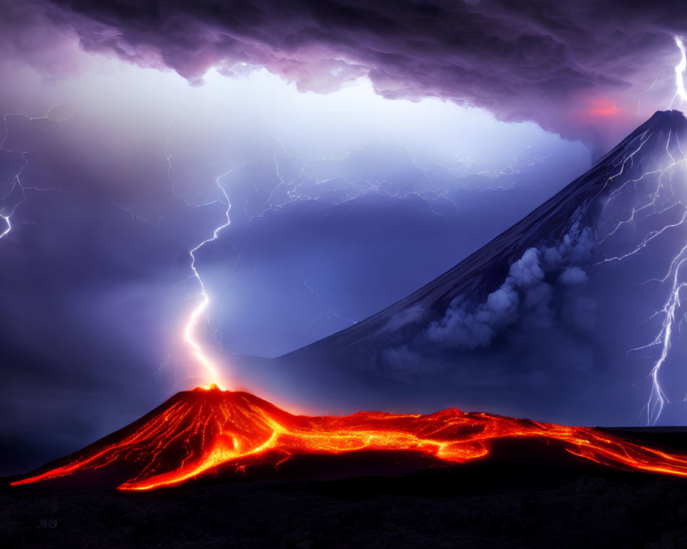 Erupting Volcano Scene with Lightning and Ash Clouds