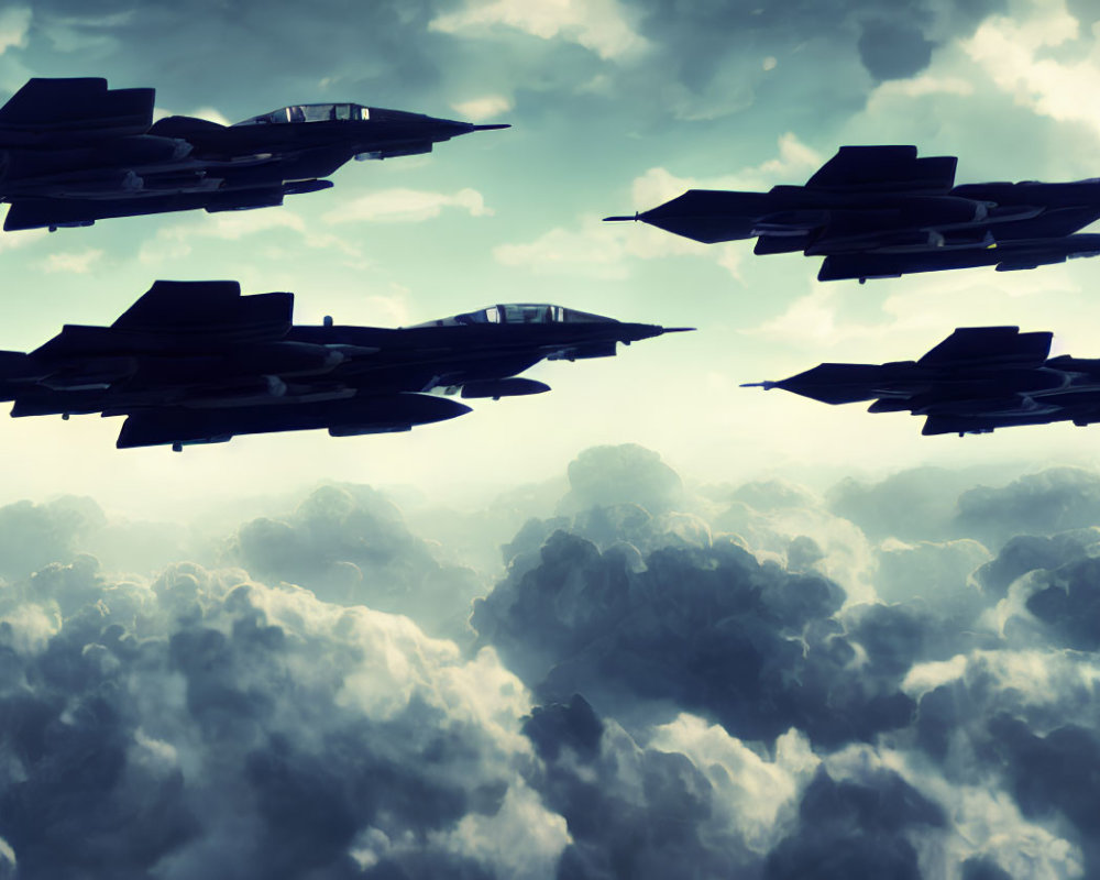 Fighter Jets Flying in Formation Above Dramatic Cloudy Sky