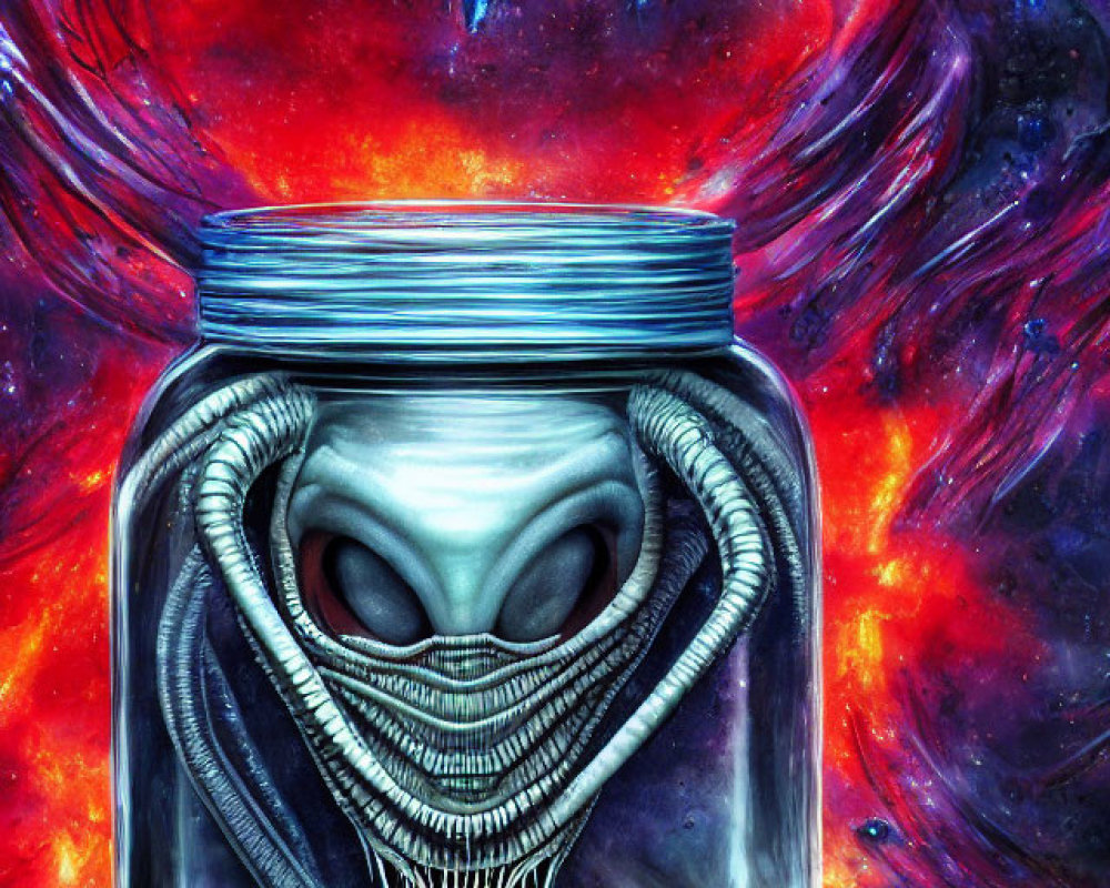 Spooky alien head with big eyes and sharp teeth in jar on cosmic nebula background