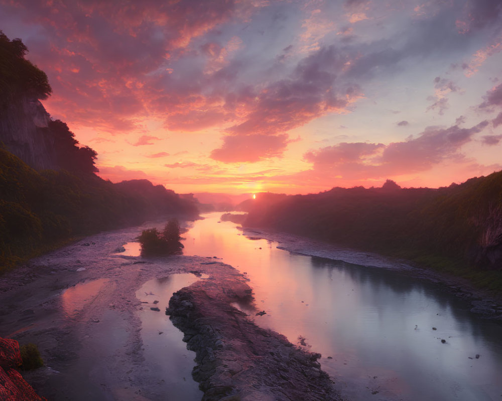 Tranquil Sunset River Landscape with Pink and Orange Skies