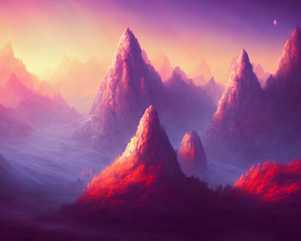 Vibrant purple and red mountain landscape under a dusk sky