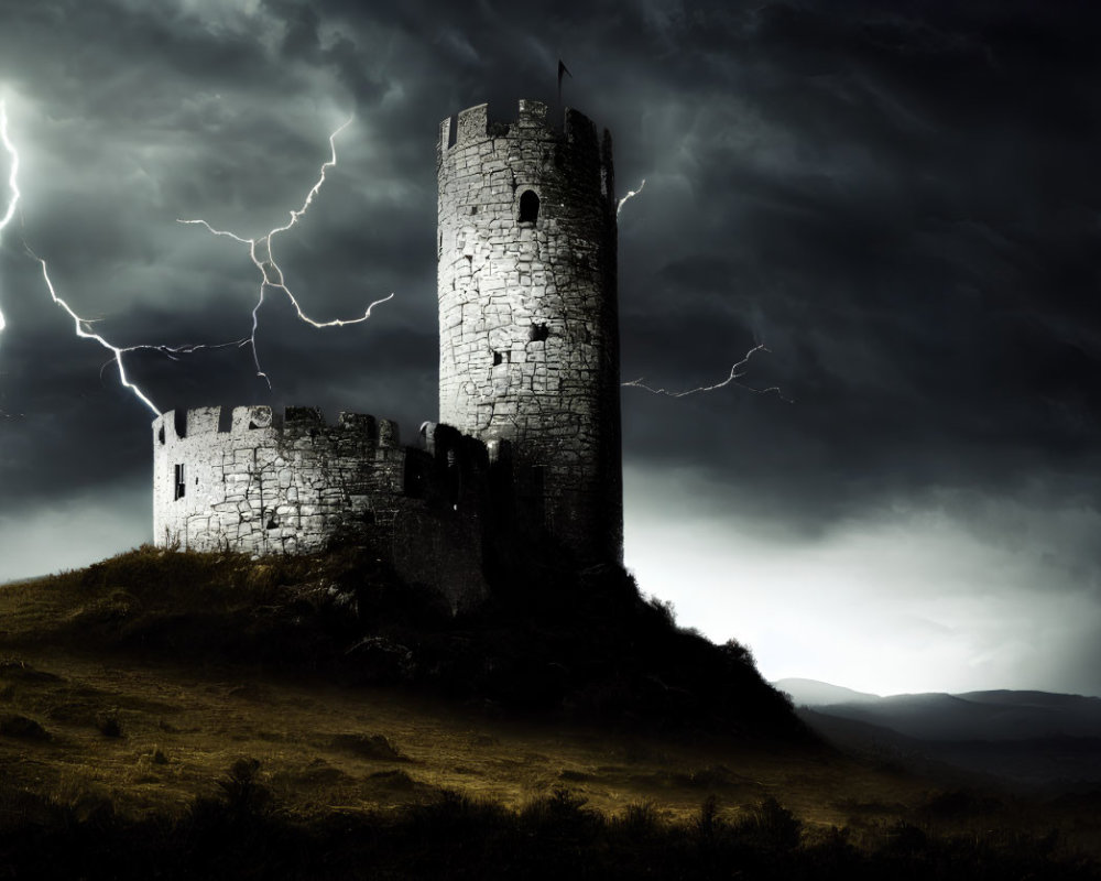 Medieval castle on hill with lightning strikes in dark sky