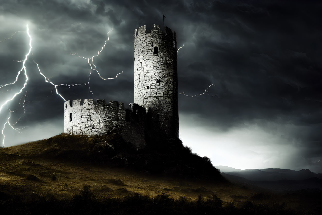Medieval castle on hill with lightning strikes in dark sky