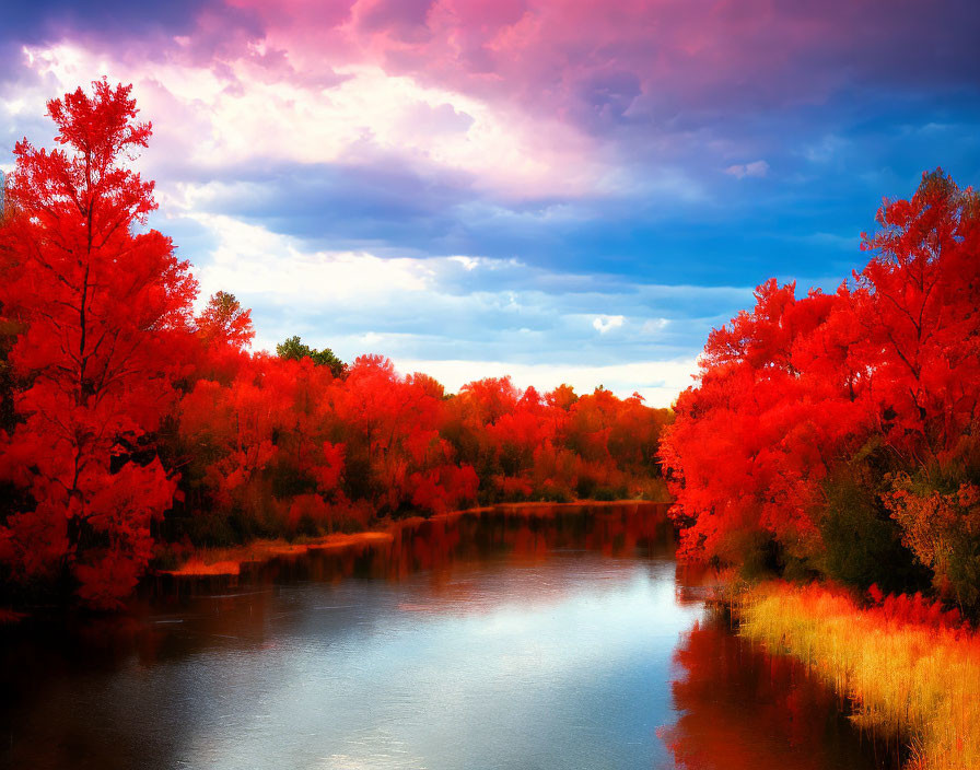 Tranquil river with vivid red autumn trees under dramatic sky
