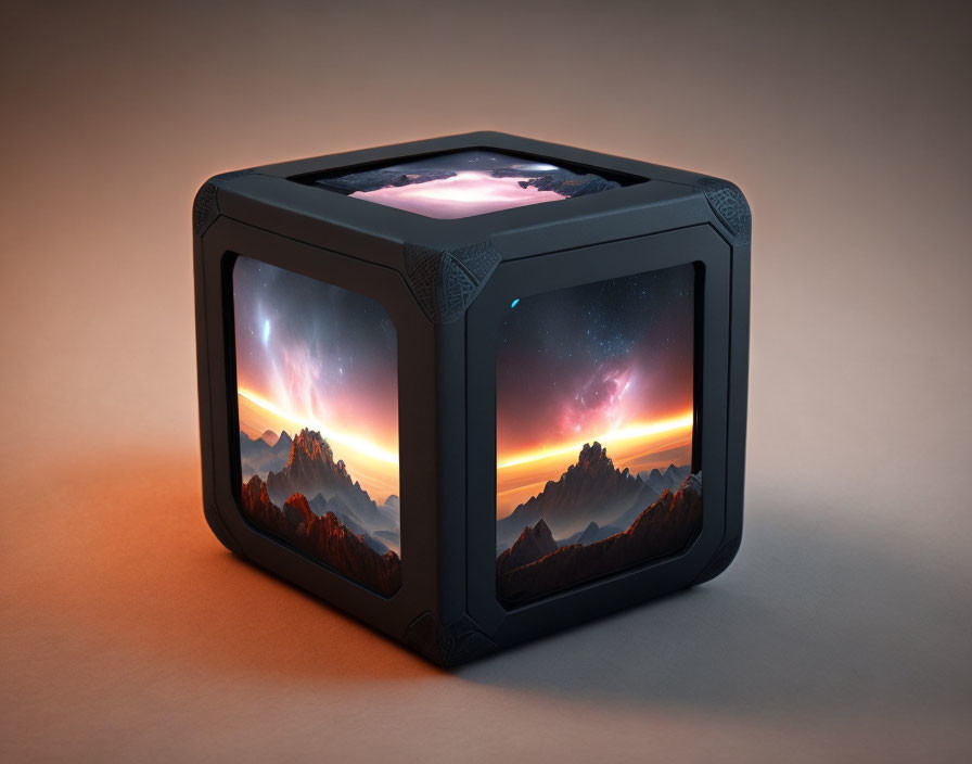 Cube-shaped Device Displays Mountainous Landscape and Cosmic Skies