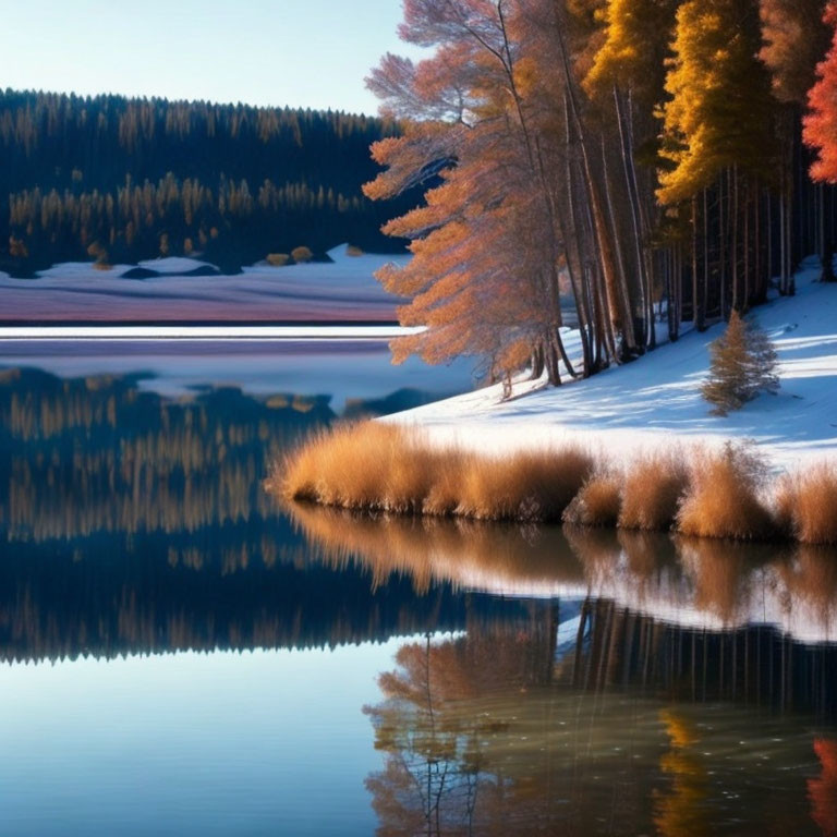Tranquil autumn landscape with colorful trees, snowy ground, and blue sky