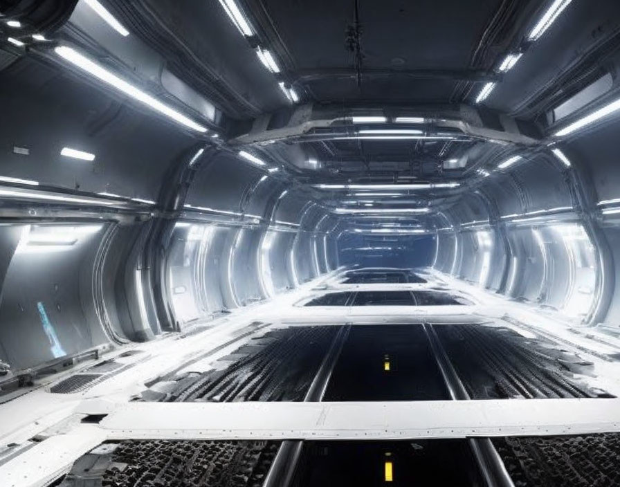 Futuristic spacecraft corridor with illuminated ceiling panels