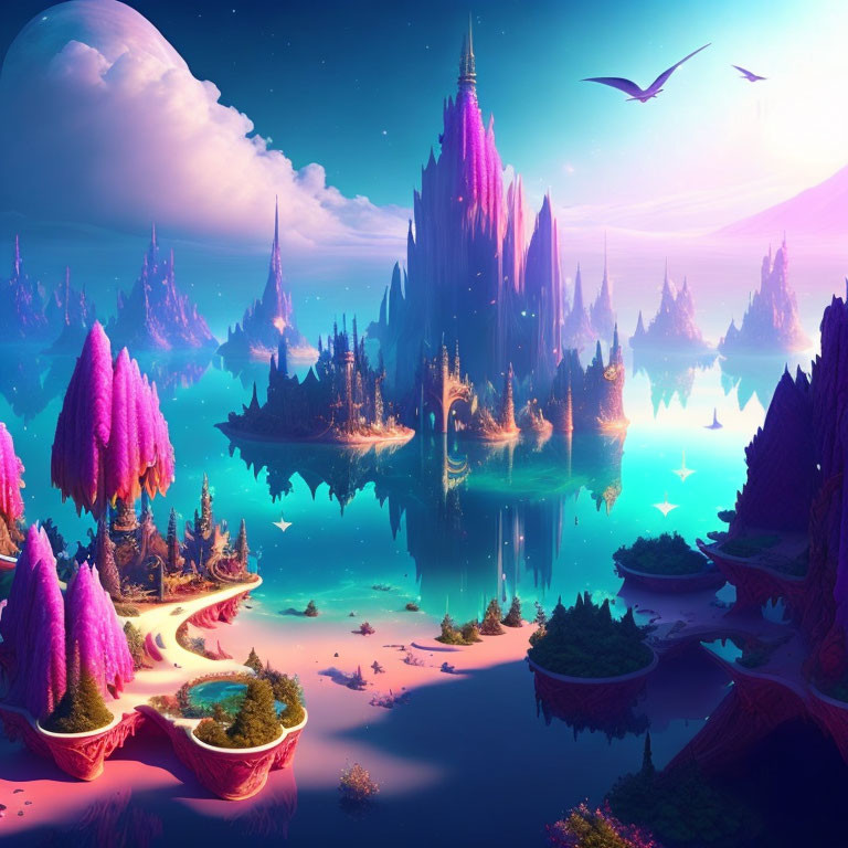 Vibrant pink and purple fantastical landscape with majestic spires and luminous trees