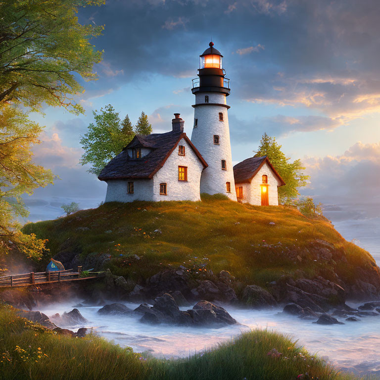 Scenic lighthouse on green knoll by rocky sea at golden hour