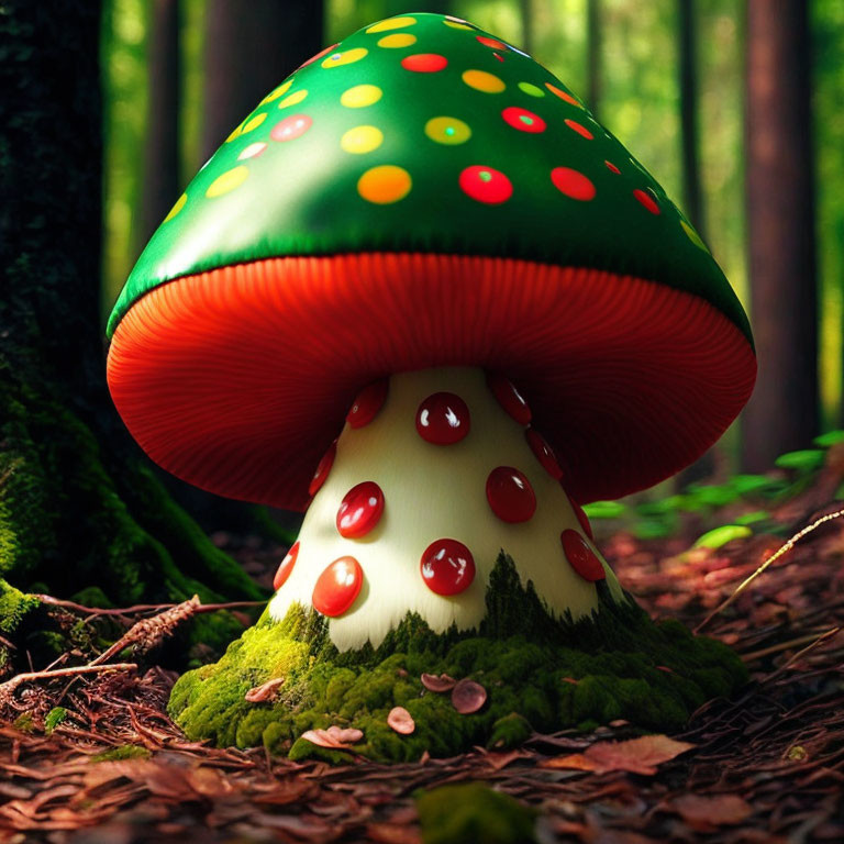 Colorful digital illustration: Red mushroom with green dotted cap in mossy forest.