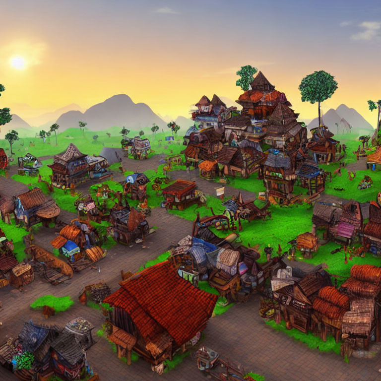 Stylized medieval village scene with tiered wooden structures