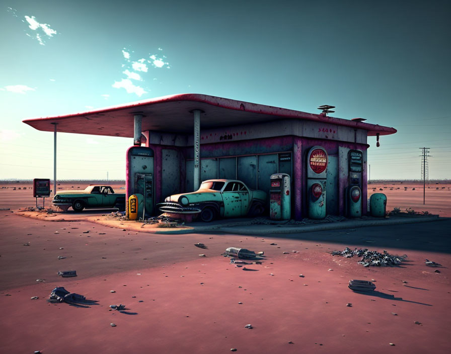 Desert vintage gas station with faded signs and old cars under hazy sky