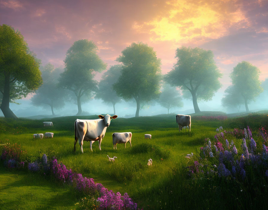 Farm animals grazing in lush meadow at sunrise with purple flowers and misty trees