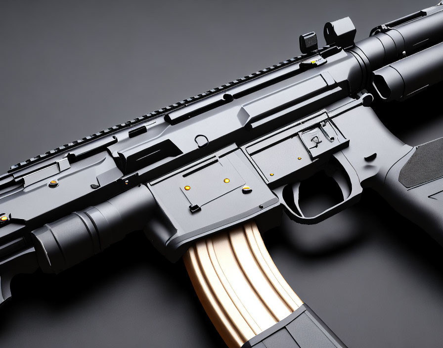 Modern black assault rifle with optic sight and inserted magazine.