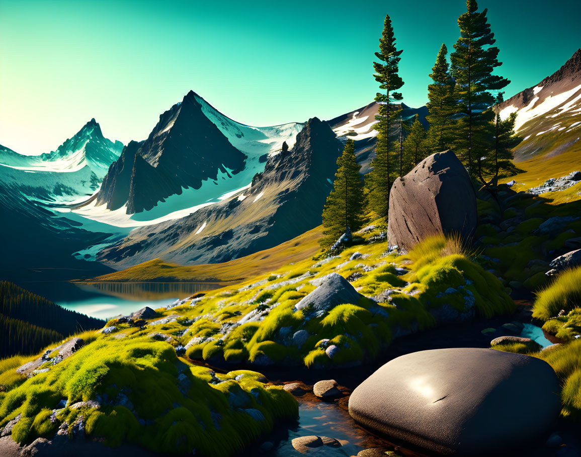 Tranquil Mountain Landscape with Lake, Trees, and Mossy Terrain