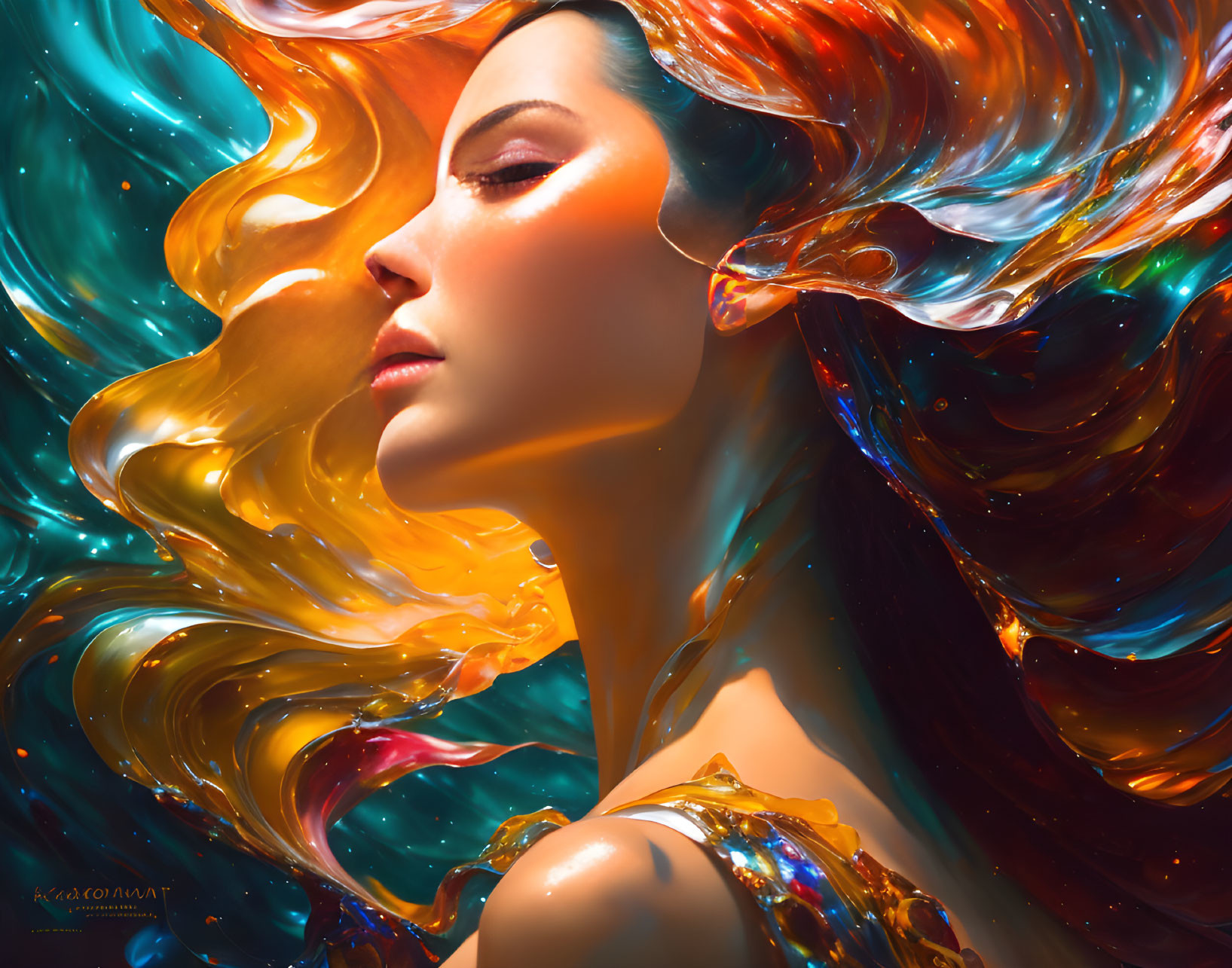 Vibrant surrealist portrait of a woman with flowing liquid-like hair
