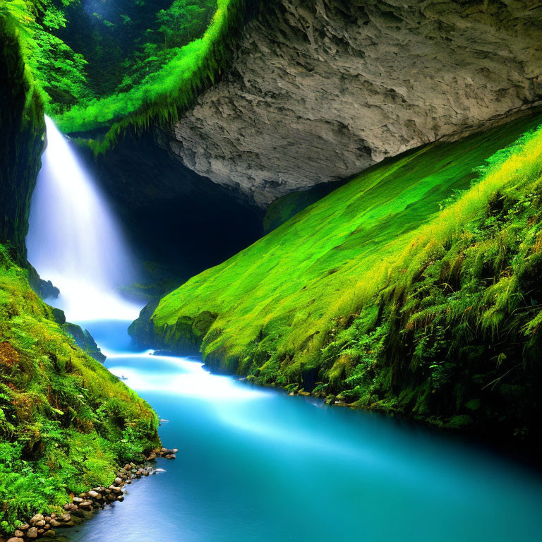 Scenic riverscape with lush greenery and waterfall
